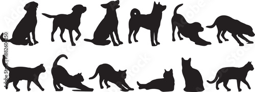 Black cat silhouette set in walking, sitting and stretching poses, vector clipart icons, Isolated on white background