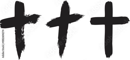 Three black brush stroke crosses in rough ink grunge style, vector religious symbol set for poster or logo