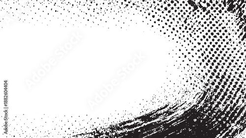 Abstract black and white background with scattered dots, a sweeping brush stroke, and halftone pattern, offering a dynamic artistic feel