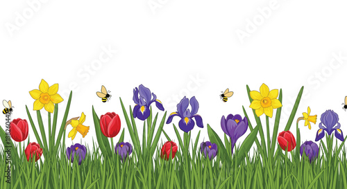 A seamless spring garden border with vibrant green grass, colorful tulips, daffodils, irises, crocuses, and busy bees flying around.
