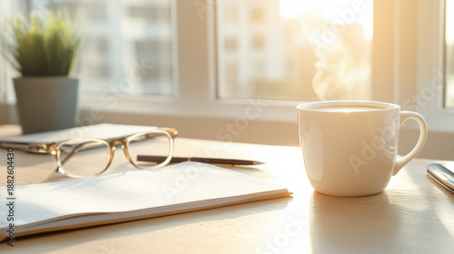 Warm morning light shines on wooden desk with steaming cup, open notebook, glasses, and pen creating cozy workspace atmosphere