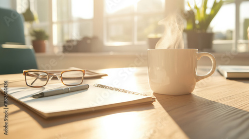 Steaming cup of coffee on wooden desk with notebook, pen, and glasses in warm sunlight creating cozy morning workspace atmosphere