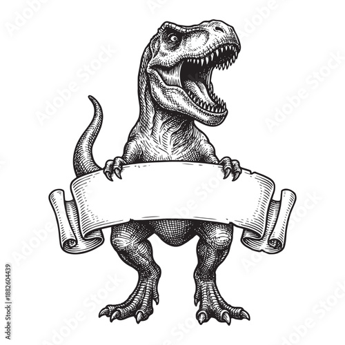 Tyrannosaurus Rex dinosaur holding a blank parchment ribbon banner, vintage engraving style.