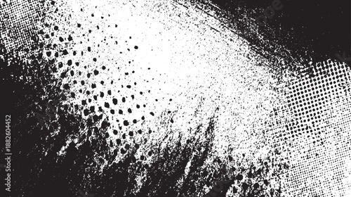 Textured black and white abstract background with irregular dots, a rough distressed overlay, and a subtle halftone pattern for depth