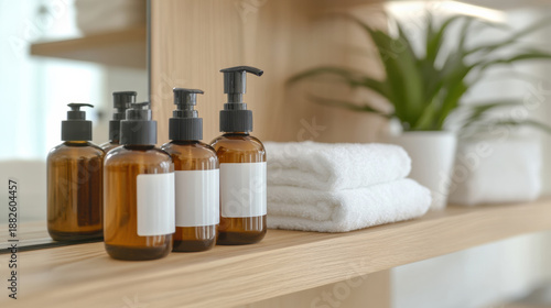 Amber bathroom bottles with pump dispenser and white towels on wooden shelf with green plant in background