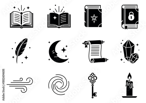 Minimalist glyph icon set featuring mystical objects and celestial elements for fantasy concepts