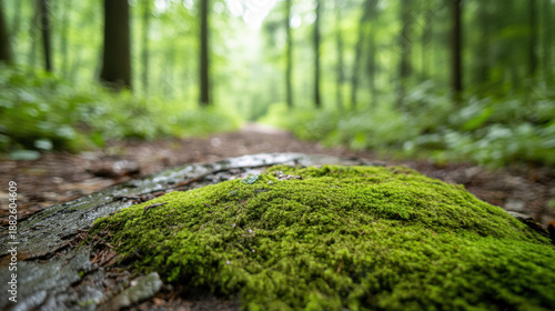 Green moss covering tree stump in forest with blurred background of trees and pathway, creating peaceful natural scene