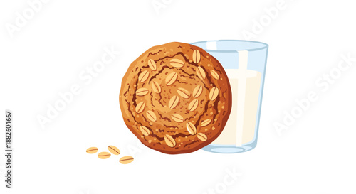 A single, wholesome oatmeal cookie next to a glass of milk, with a few loose oat flakes scattered on a white background.
