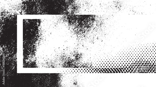 Grunge distressed background with a white rectangular frame and scattered dots for a modern abstract
