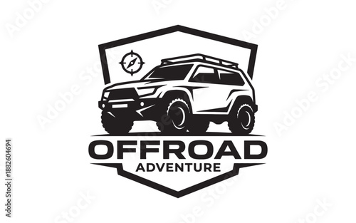 Offroad adventure emblem with 4x4 SUV vehicle and compass, black and white mascot logo