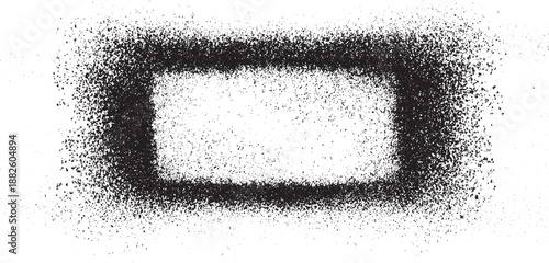 Black spray paint stencil frame on white background with granular texture and sharp edges creating a modern