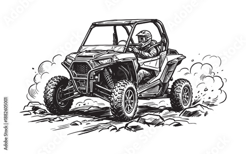 Off-road UTV buggy vehicle driving fast through dust clouds, hand drawn sketch style