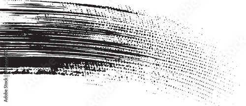 Dynamic black ink brush stroke with a fading halftone dot pattern creating a textured abstract background with a sense of movement and decay