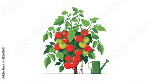 A lush tomato bush with many ripe red and unripe green tomatoes, growing in the ground next to a small trowel and a watering can.