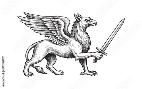 Mythical creature griffin holding a sword, heraldic winged beast, vintage hand drawn engraving style.