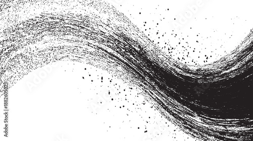 Energetic black ink brush swirl with scattered ink splatters and a subtle halftone texture creating a dynamic abstract background with a sense of flow and chaos