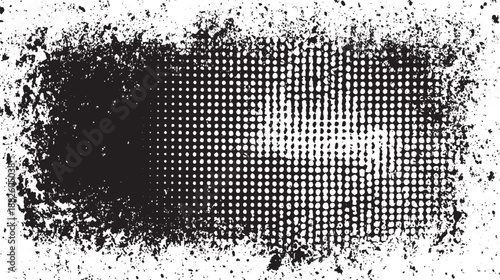 Rectangular black ink stain with a rough distressed edge and a dense halftone dot pattern filling the center creating an abstract textured background
