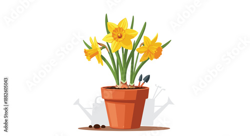 A pot of beautiful yellow daffodils in full bloom, with silhouettes of gardening tools indicating a springtime planting theme.