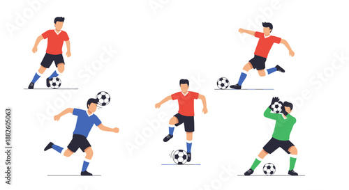 Set of soccer players in action on white background.