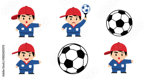 Cartoon boy playing soccer with soccer balls.