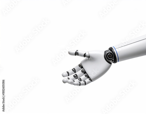 robot hand extends its hand to grab a hand or something, white background.