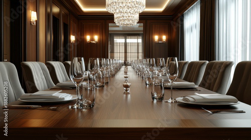 Formal dining room setting long wooden table velvet chair crystal chandelier elegant atmosphere with natural light
