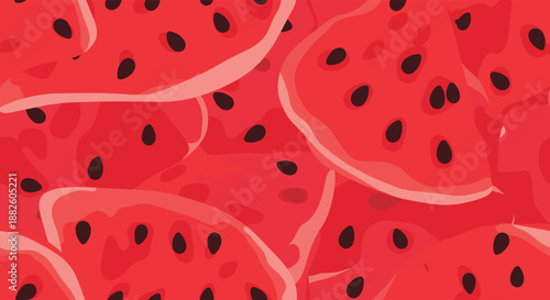 A vibrant, abstract background filled with overlapping slices of juicy red watermelon with black seeds, perfect for summer-themed designs.