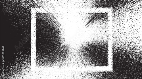 Abstract square frame with radial burst of black and white speckles creating a dramatic explosion effect for and backgrounds