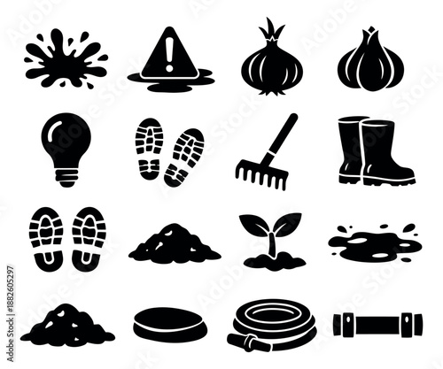 Black silhouette gardening and outdoor elements set featuring tools, dirt, plants, and warning signs for nature and work concepts