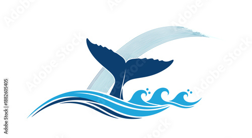 Dynamic illustration of a whale tail splashing out of wavy blue ocean water with curved artistic lines against a white background.