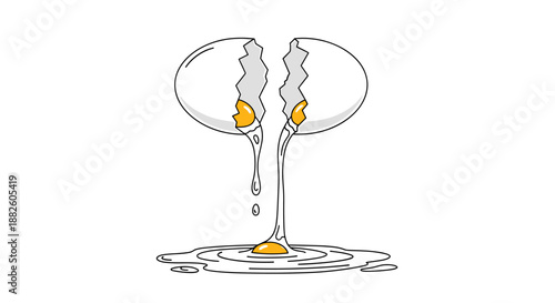 Simple line drawing of a cracked eggshell with the yolk and whites dripping down into a pool against a plain white background.