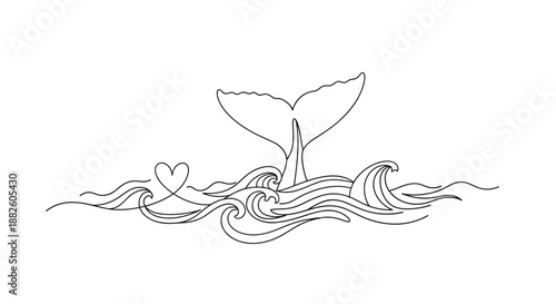 Minimalist continuous line drawing of a whale tail emerging from swirling ocean waves with a single small heart integrated into the water.