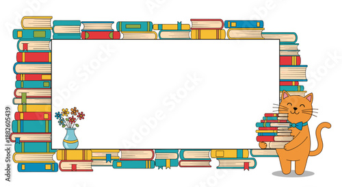 Happy orange cat holding a stack of books standing next to a large rectangular frame made entirely of colorful hardcover books.