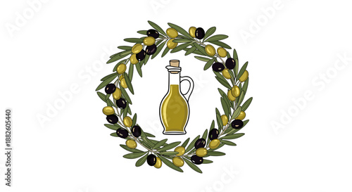 Glass bottle of olive oil placed inside a circular wreath of green branches with green and black olives on a white background.