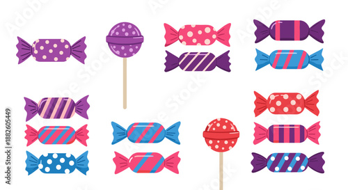 Large set of colorful candy icons including hard candies in striped and polka-dotted wrappers and several round lollipops on sticks.