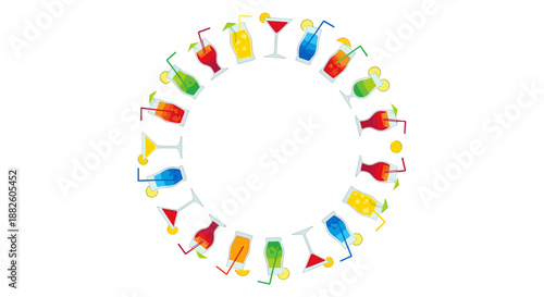 Large circular frame made of various colorful cocktail and drink glasses with straws and fruit garnishes on a white background.