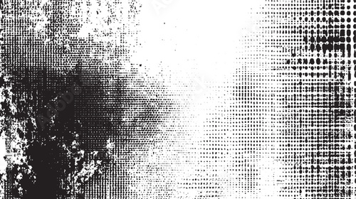 Abstract monochrome grunge background featuring a dense halftone dot pattern with scattered noise and a rough textured overlay for creative applications