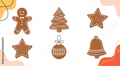 Collection of various Christmas gingerbread cookies including a man, tree, stars, bell, and ornament on a festive background.