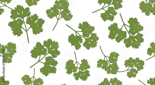 A seamless and repeating background pattern of fresh green cilantro or parsley leaves, creating a vibrant and fresh herbal wallpaper design.