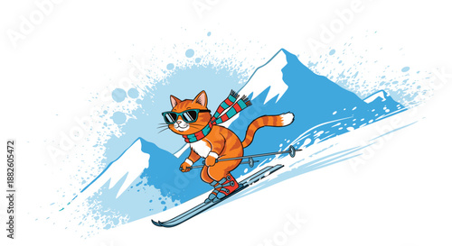 Cool ginger cat wearing sunglasses and a striped scarf skis down a snowy mountain slope on a sunny winter day.