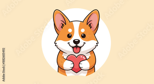 Adorable cartoon Corgi puppy with large ears and a happy smile is hugging a bright red heart inside a circular cream-colored frame.