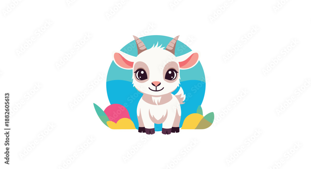 Obraz premium A cute and charming baby goat with large eyes and small horns, sitting in a colorful, stylized natural setting with a blue background.