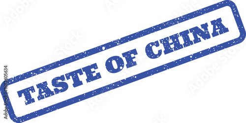Grungy blue rubber stamp text with message referencing the unique culinary flavors of China