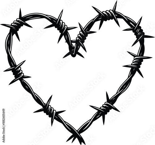 Black barbed wire heart shape on white background symbolizing love and danger