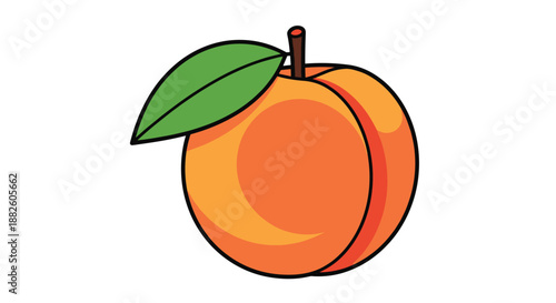 A simple and cute cartoon illustration of a ripe orange peach with a single green leaf attached to its short brown stem.