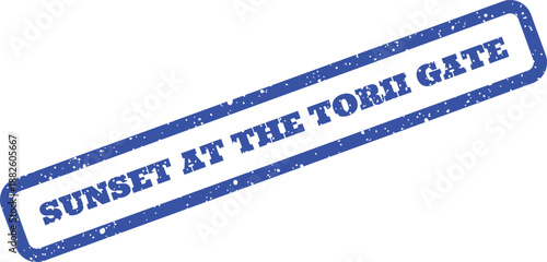 Grungy blue rubber stamp text with sun setting at ancient torii gate symbol