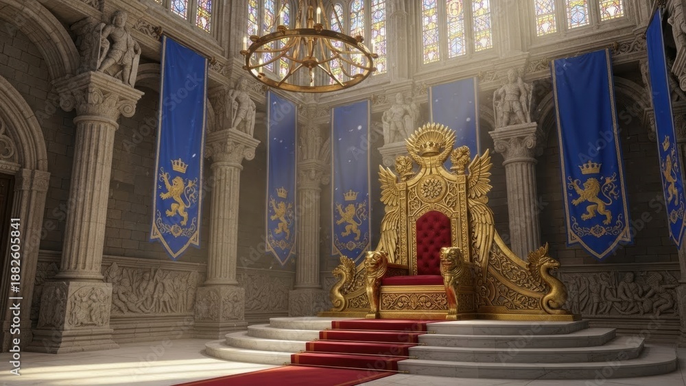 Fototapeta premium Majestic Golden Throne with Lion Statues in a Medieval Royal Hall with Banners
