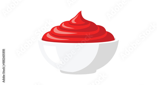 A white ceramic bowl filled with a swirl of rich red ketchup or tomato sauce, isolated on a white background for food presentation.