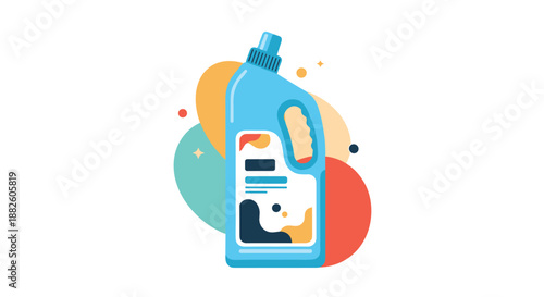 A blue plastic bottle of laundry detergent or fabric softener with a colorful abstract label, set against a backdrop of fluid shapes.