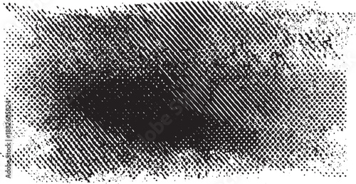 Distressed monochrome rectangular background with a dense halftone pattern and rough textured edges creating a grunge overlay effect with a central dark area
